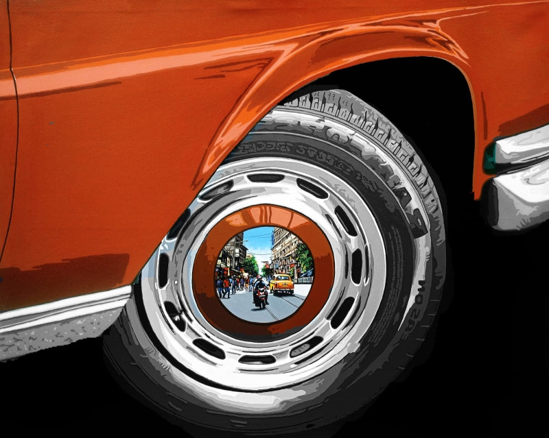 Life Wheel 53' transportation acrylic painting by artist Sujit Karmakar, 48x60 inch, on canvas