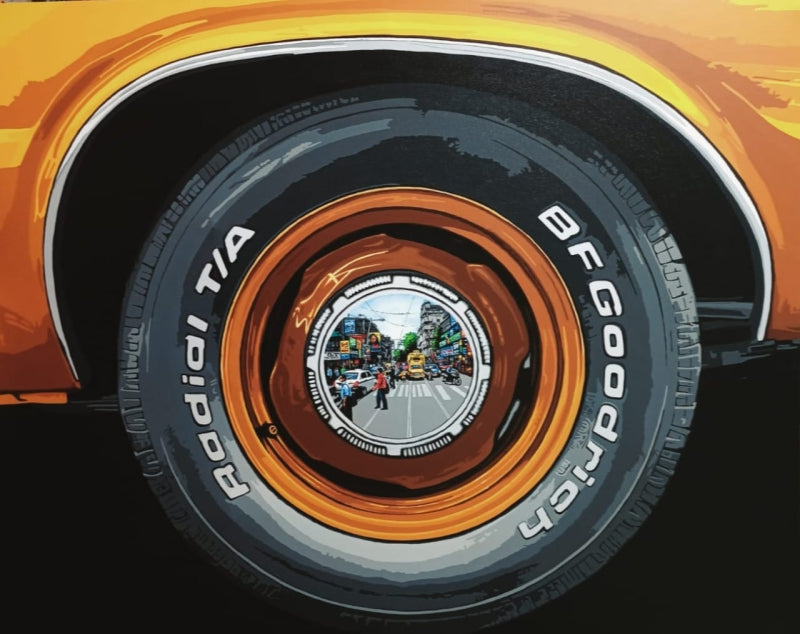 Life Wheel' transportation acrylic painting by artist Sujit Karmakar, 48x60 inch, on canvas