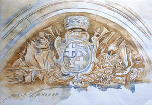 Light 3 (Heraldic Archway) by Balaji G Bhange, Original Watercolor Cityscape Painting on Paper, Small Horizontal Wall Art