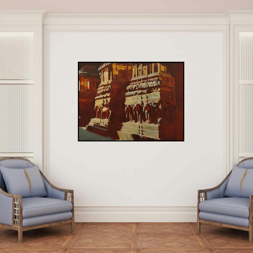 'Light And Shade Of Kailas Temple 1 (Sunlight on Stone)' painting by Sheetal Bawkar shown on a wall in a furnished room.