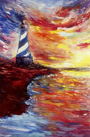 Lighthouse (Beacon of Hope) by Kiran Bableshwar, Original Oil Seascape Painting on Canvas, Small Vertical Wall Art