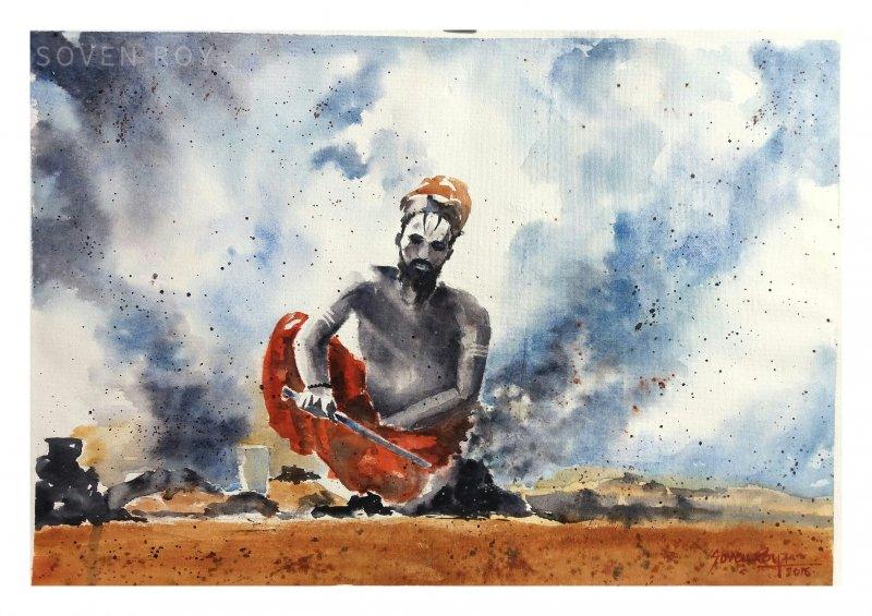 Figurative watercolor painting titled 'Lighting Fire', 20x14 inches, by artist Soven Roy on Paper