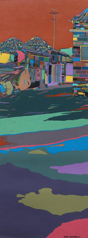 Lightning Day (Village Hues) by Kiran Gunjkar, Original Acrylic Landscape Painting on Paper, Small Vertical Wall Art