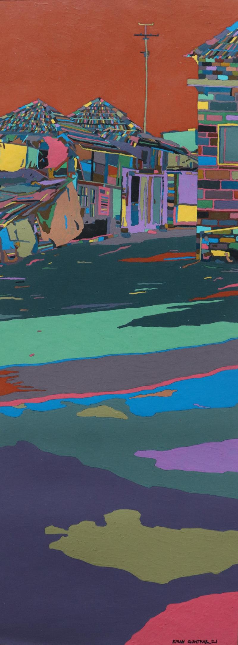 Landscape acrylic painting titled 'Lightning Day', 35x15 inches, by artist Kiran Gunjkar on Paper