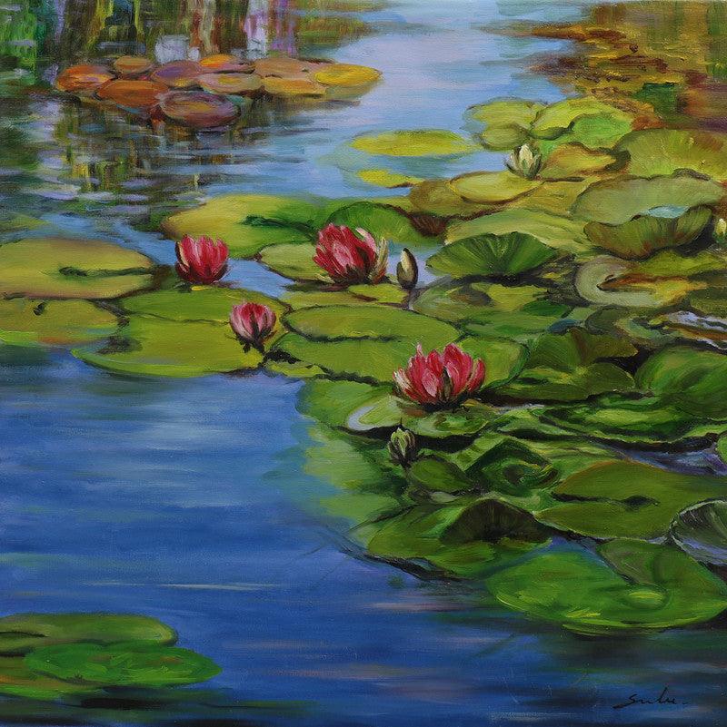Landscape oil painting titled 'Lily Pond 13 30x30', 30x30 inches, by artist Sulakshana Dharmadhikari on Canvas