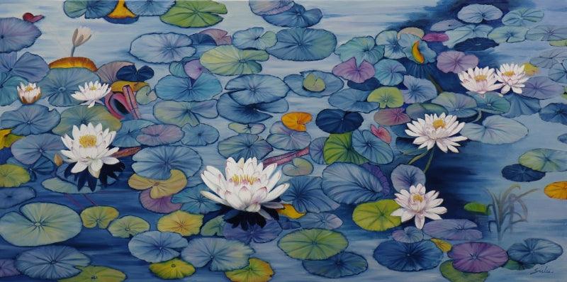 Nature oil painting titled 'Lily Pond', 60x30 inches, by artist Sulakshana Dharmadhikari on Canvas