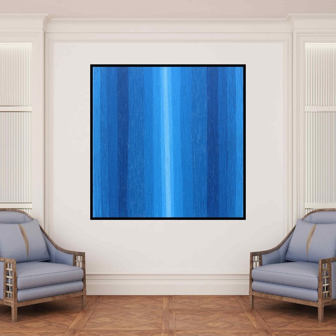 In-situ view of Satish Bhaisare's 'Lines Of Vertical (Blue Harmony)' painting in a room