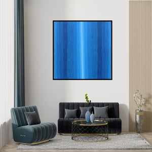 Preview of 'Lines Of Vertical (Blue Harmony)' Painting by Satish Bhaisare shown on a wall in a furnished room.
