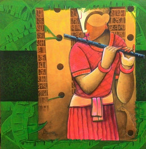 Lingering Echoes by Anupam Pal, Original Acrylic Figurative Painting on Canvas, Medium Square Wall Art