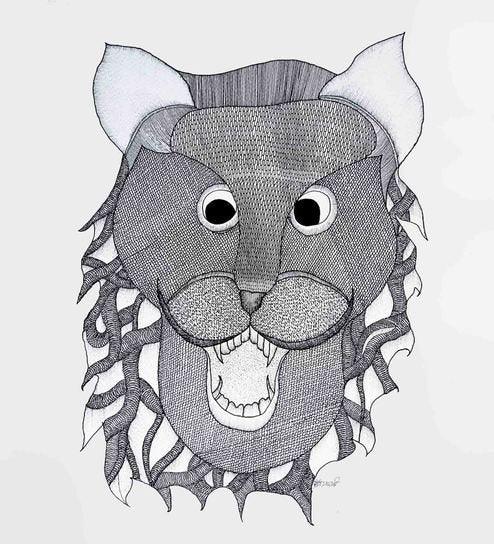 Folk Art gond traditional art titled 'Lion Mask Gond Art', 15x11 inches, by artist Durgesh Marawi on Paper