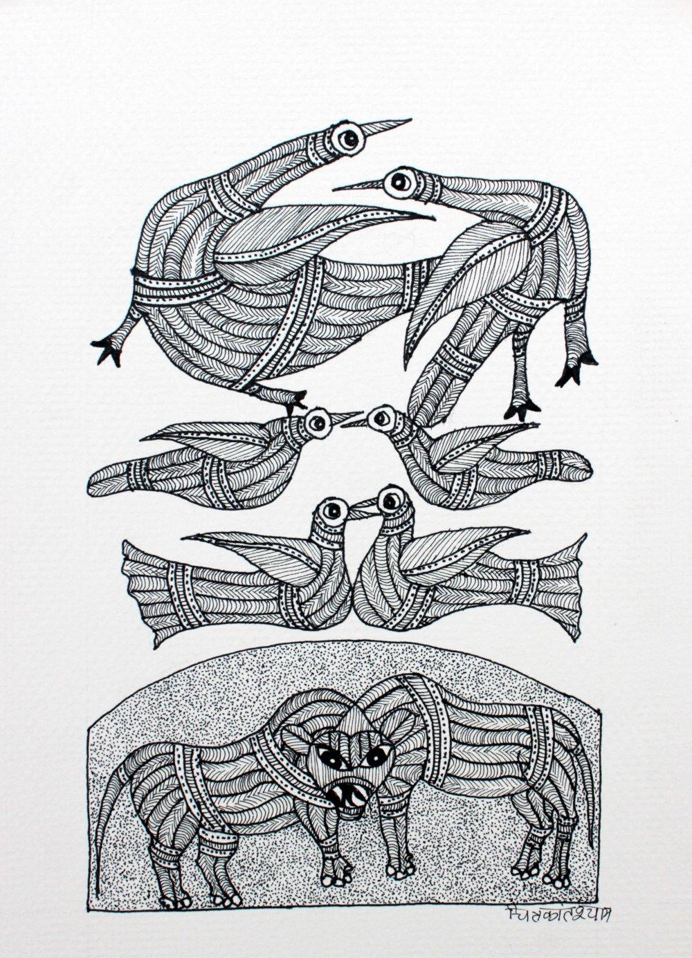 Folk Art gond traditional art titled 'Lions and Birds', 14x10 inches, by artist Chitrakant Shyam on Paper