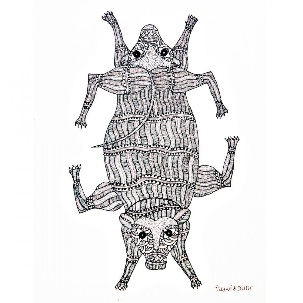 Folk Art gond traditional art titled 'Lions Gond Art', 14x10 inches, by artist Chitrakant Shyam on Paper