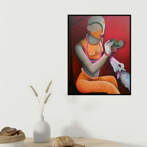 Anupam Pal's 'A Litle Conversation' painting visualized above a sofa in a contemporary room.