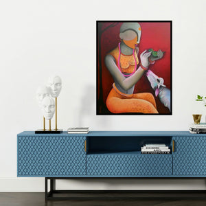 'A Litle Conversation' painting by Anupam Pal shown on a wall in a furnished room.