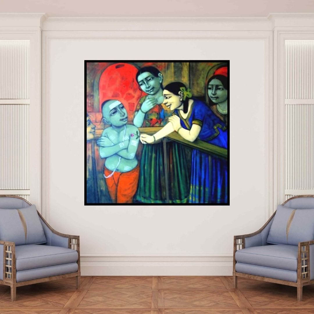 In-situ view of Apet Pramod's 'Little Love (Friends at the Temple)' painting in a room