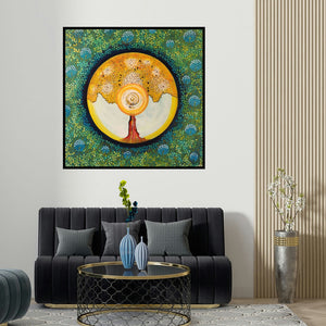 Nitu Chhajer's 'Living In Abundance' painting visualized above a sofa in a contemporary room.