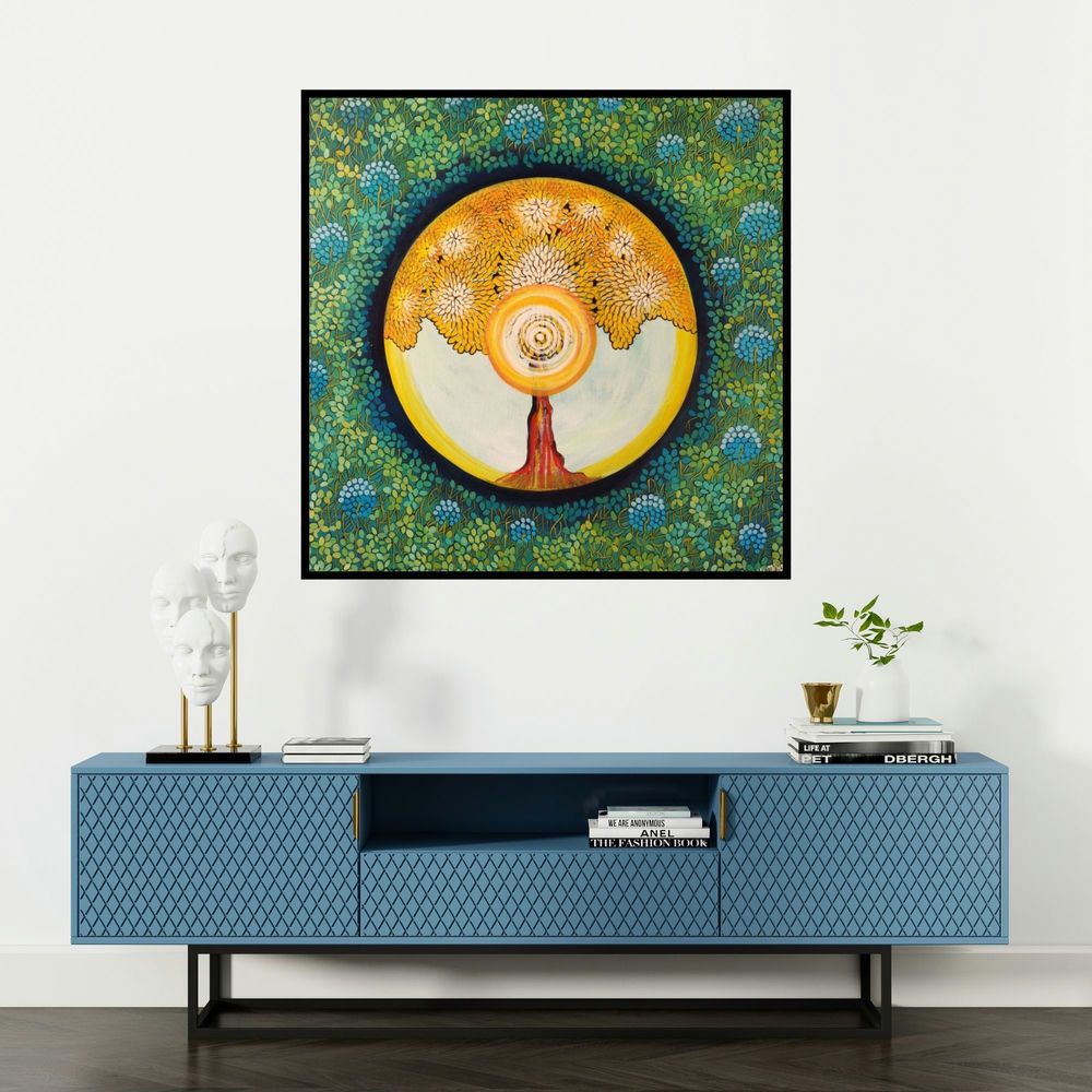 'Living In Abundance' painting by Nitu Chhajer shown on a wall in a furnished room.