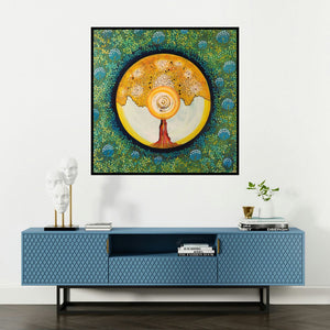 'Living In Abundance' painting by Nitu Chhajer shown on a wall in a furnished room.