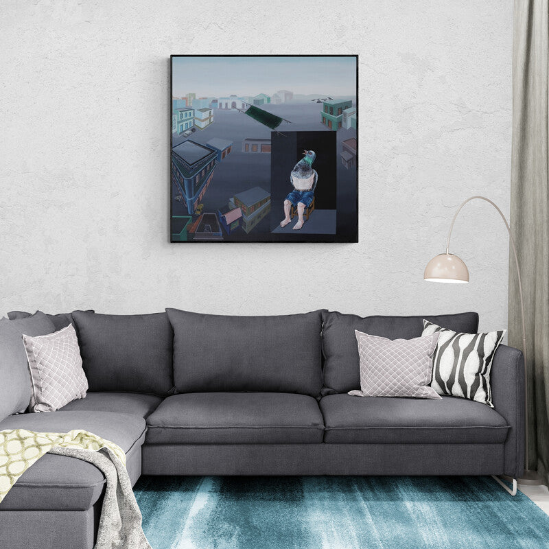 In-situ view of Mangesh Kapse's 'Lockdown 2 (The Urban Aviator)' painting in a room