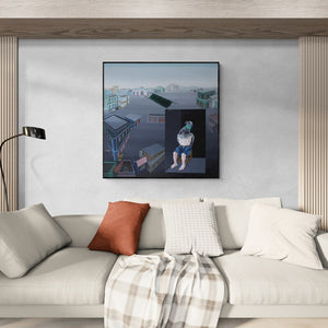 Mangesh Kapse's 'Lockdown 2 (The Urban Aviator)' Painting visualized above a sofa in a contemporary room