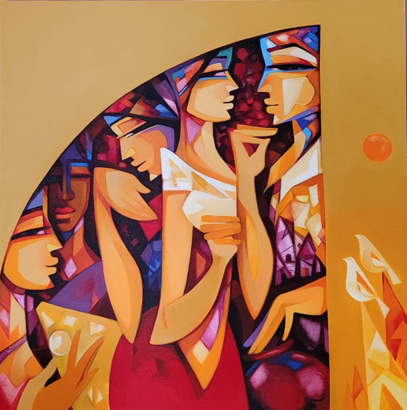 'Lockdown Diaries 4' figurative acrylic painting by artist Laxmi Mysore, 36x36 inch, on canvas