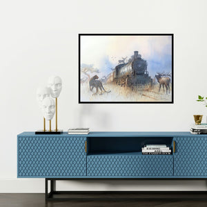 Preview of 'Lockdown World (Abandoned Train in the Wild)' Painting by Bijay Biswaal shown on a wall in a furnished room.