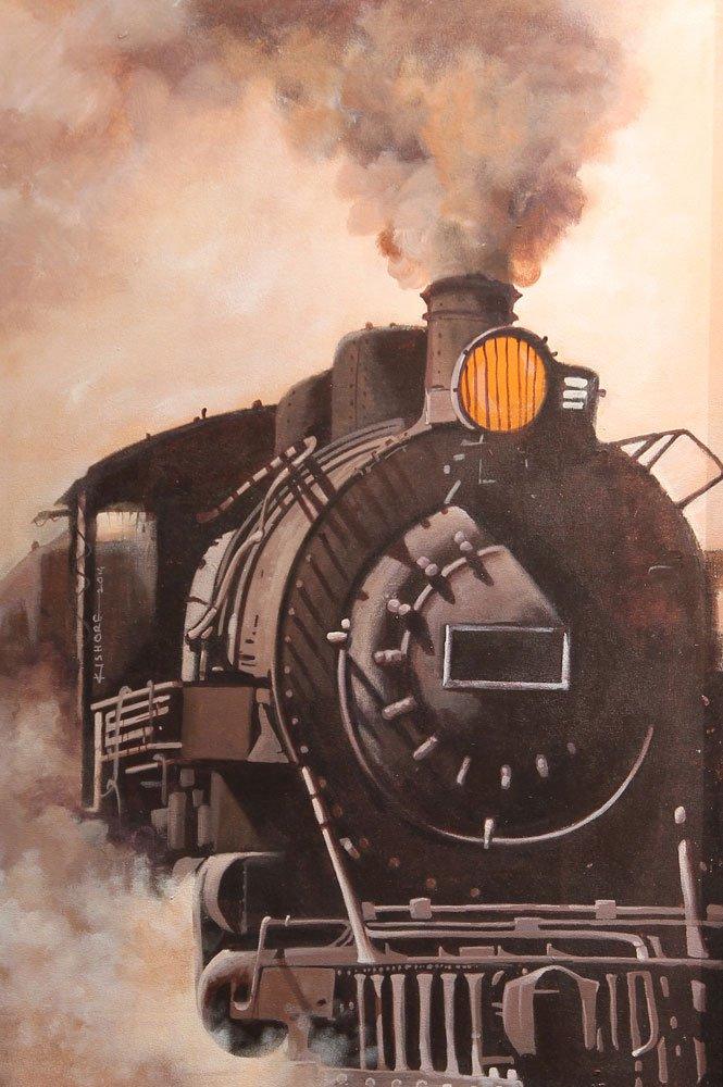 Cityscape acrylic painting titled 'Locomotive11', 26x22 inches, by artist Kishore Pratim Biswas on Canvas