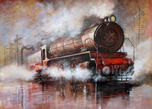 Cityscape acrylic painting titled 'Locomotive16', 36x48 inches, by artist Kishore Pratim Biswas on Canvas