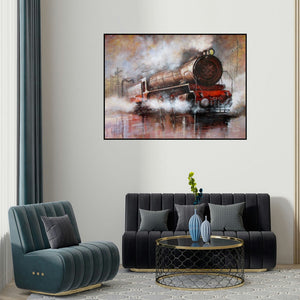 'Locomotive16' painting by Kishore Pratim Biswas shown on a wall in a furnished room.