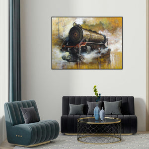 Kishore Pratim Biswas's 'Locomotive17' painting visualized above a sofa in a contemporary room.