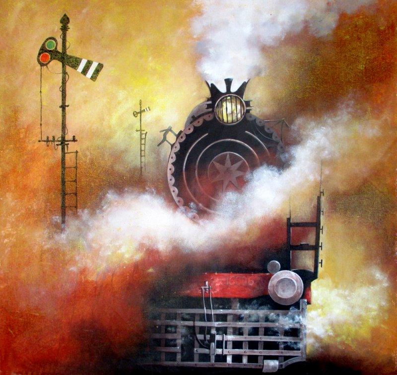Cityscape acrylic painting titled 'Locomotive19', 37x37 inches, by artist Kishore Pratim Biswas on Canvas