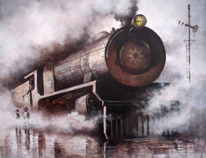 Cityscape acrylic painting titled 'Locomotive20', 36x48 inches, by artist Kishore Pratim Biswas on Canvas