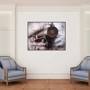 'Locomotive20' painting by Kishore Pratim Biswas shown on a wall in a furnished room.