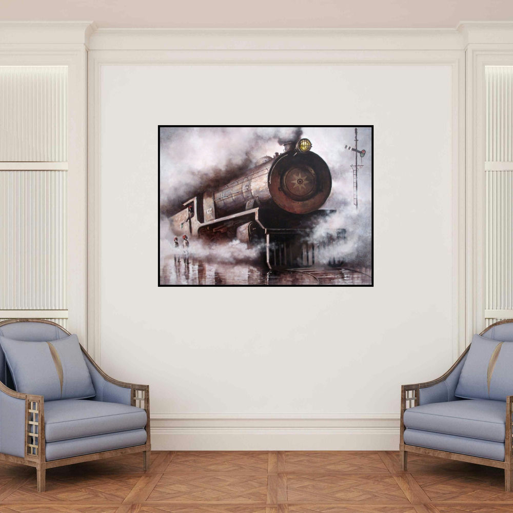 'Locomotive20' painting by Kishore Pratim Biswas shown on a wall in a furnished room.