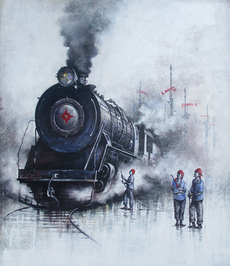'Locomotives 32' transportation acrylic painting by artist Kishore Pratim Biswas, 44x36 inch, on canvas