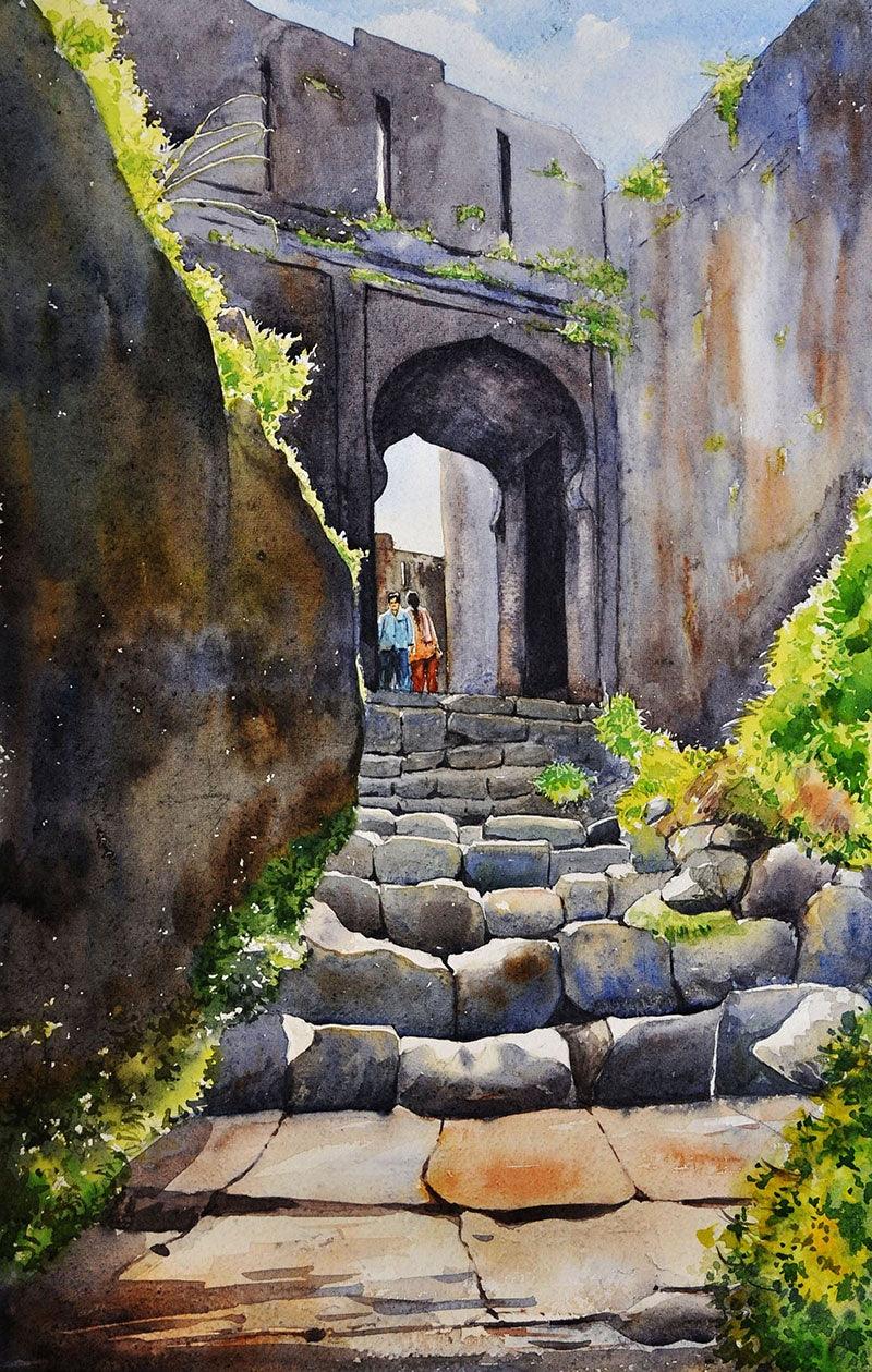 Landscape watercolor painting titled 'Lohagad Fort', 27x20 inches, by artist Ramdas Thorat on Paper