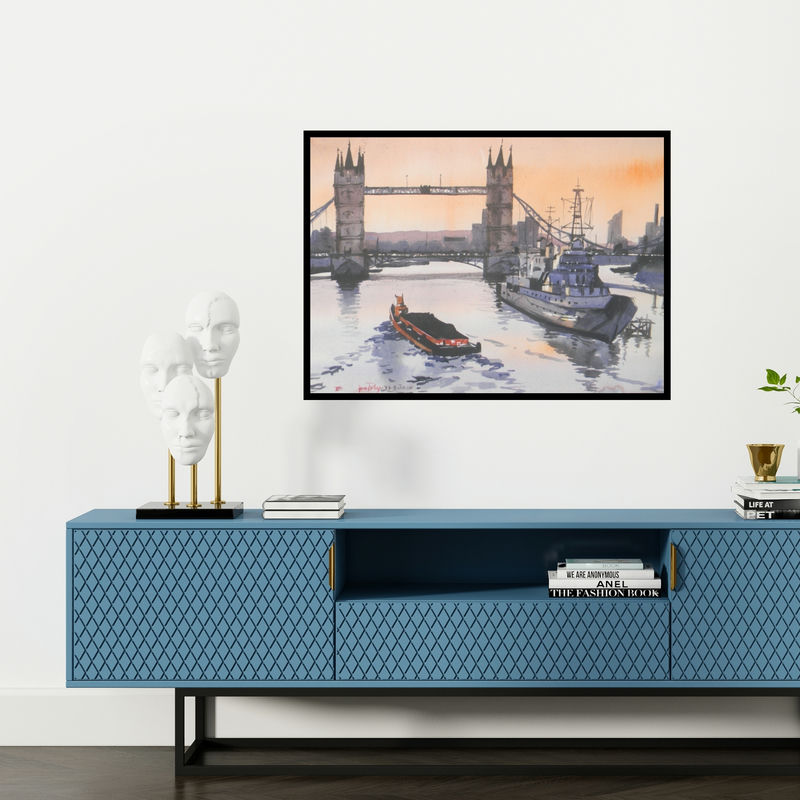 In-situ view of Bipul Roy's 'London (Tower Bridge, London, at Sunset)' painting in a room