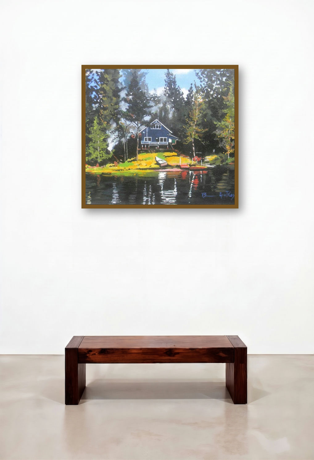 Lonely House In Forest (Peaceful Retreat) by artist Bipul Roy displayed in a Luxury Hallway