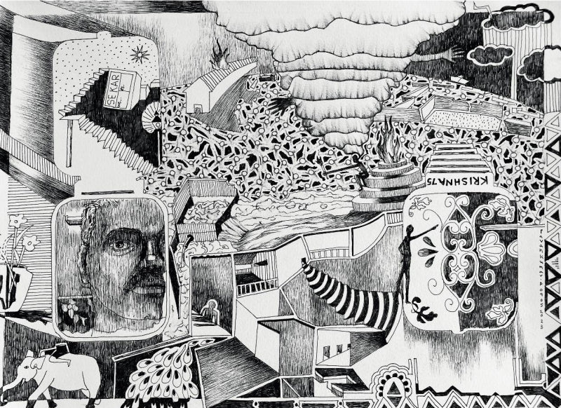 Looking Again And Again' contemporary pen-ink drawing by artist Pavan Kumar D, 11x15 inch, on paper
