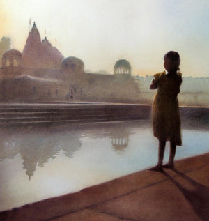 Looking At Ganga by Nilesh Bharti, Original Dry Pastel Cityscape Painting on Paper, Medium Vertical Wall Art