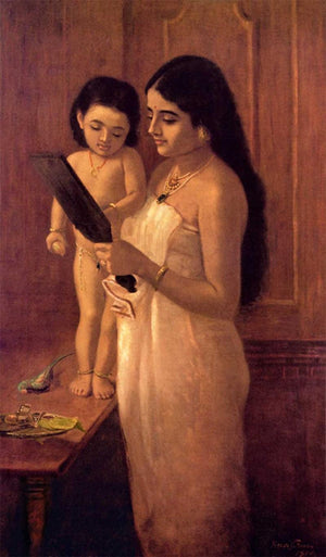 Looking Into The Mirror (Reflections in the Mirror) by Raja Ravi Varma, Print Oil Figurative Painting on Canvas, X-Small Vertical Wall Art