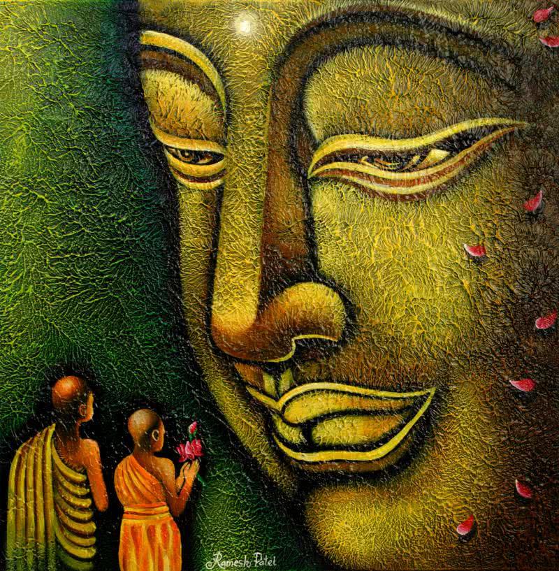 Religious acrylic painting titled 'Lord buddha 7 painting', 24x24 inches, by artist Ramesh on Canvas Board