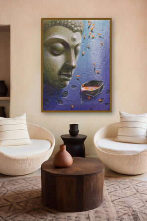 Lord Buddha (Buddha with Petals) by artist Gopal Chowdhury displayed in a Luxury gallery