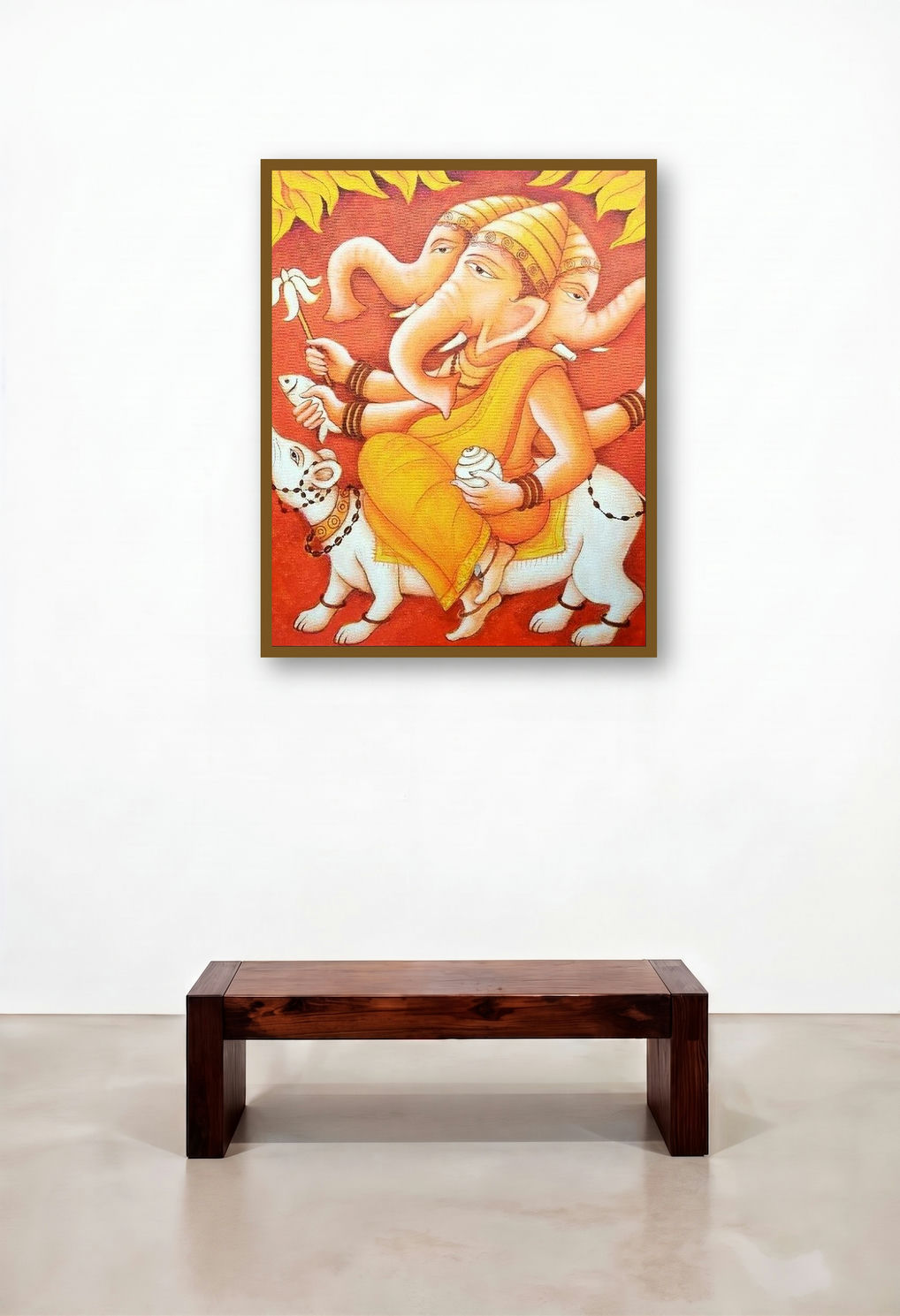 Lord Ganapati 10 (Three-Headed Ganesh) by artist Anirban Seth displayed in a Art Deco Lounge