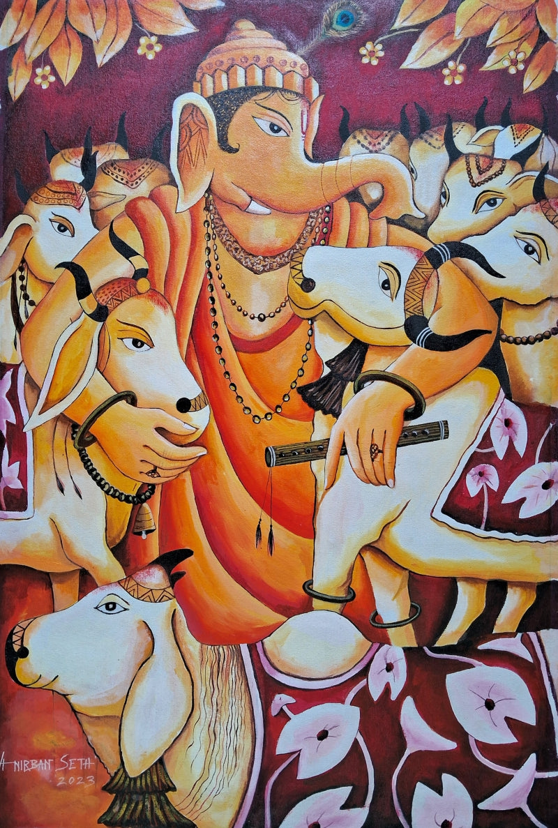 Lord Ganapati 16' religious acrylic painting by artist Anirban Seth, 36x24 inch, on canvas