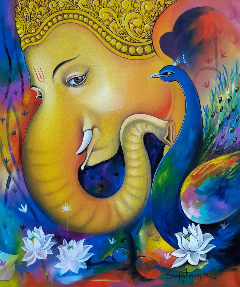 Lord Ganesha 2' religious acrylic painting by artist Sanjay Tandekar, 36x30 inch, on canvas