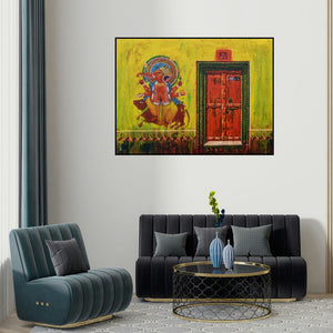 Anil Kumar Yadav's 'Lord Ganesha (Divine Protection)' painting visualized above a sofa in a contemporary room.