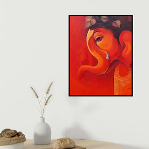 Solomon R's 'Lord Ganesha (Crimson Aura)' painting visualized above a sofa in a contemporary room.