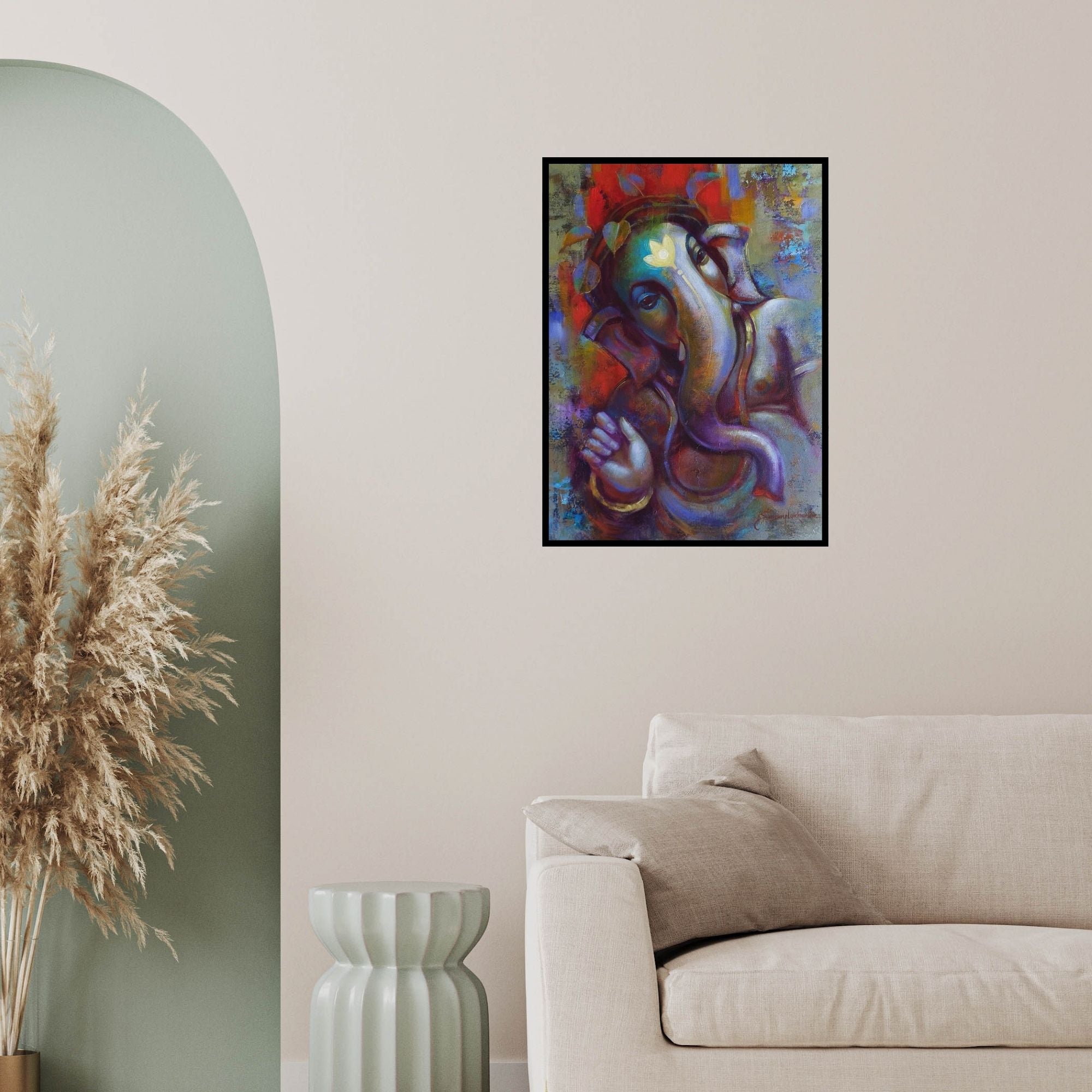 In-situ view of Sanjay Lokhande's 'Lord Ganesha (Ganesh in Mystical Hues)' painting in a room