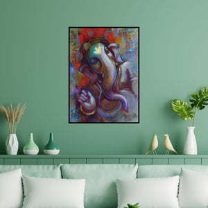 Preview of 'Lord Ganesha (Ganesh in Mystical Hues)' Painting by Sanjay Lokhande shown on a wall in a furnished room.